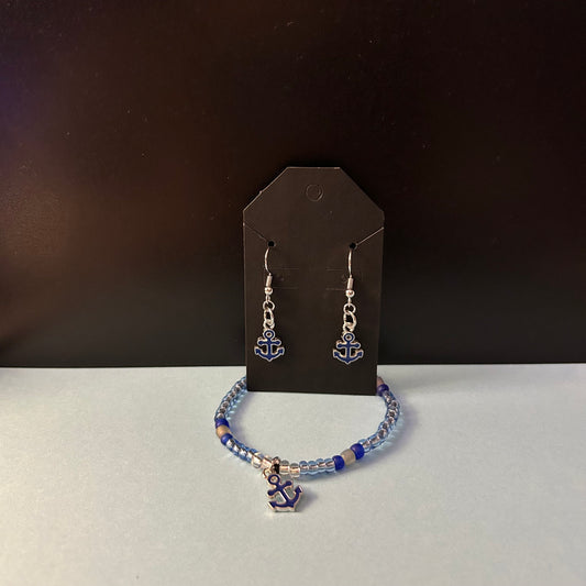 Blue Anchor Bracelet and Earring Set